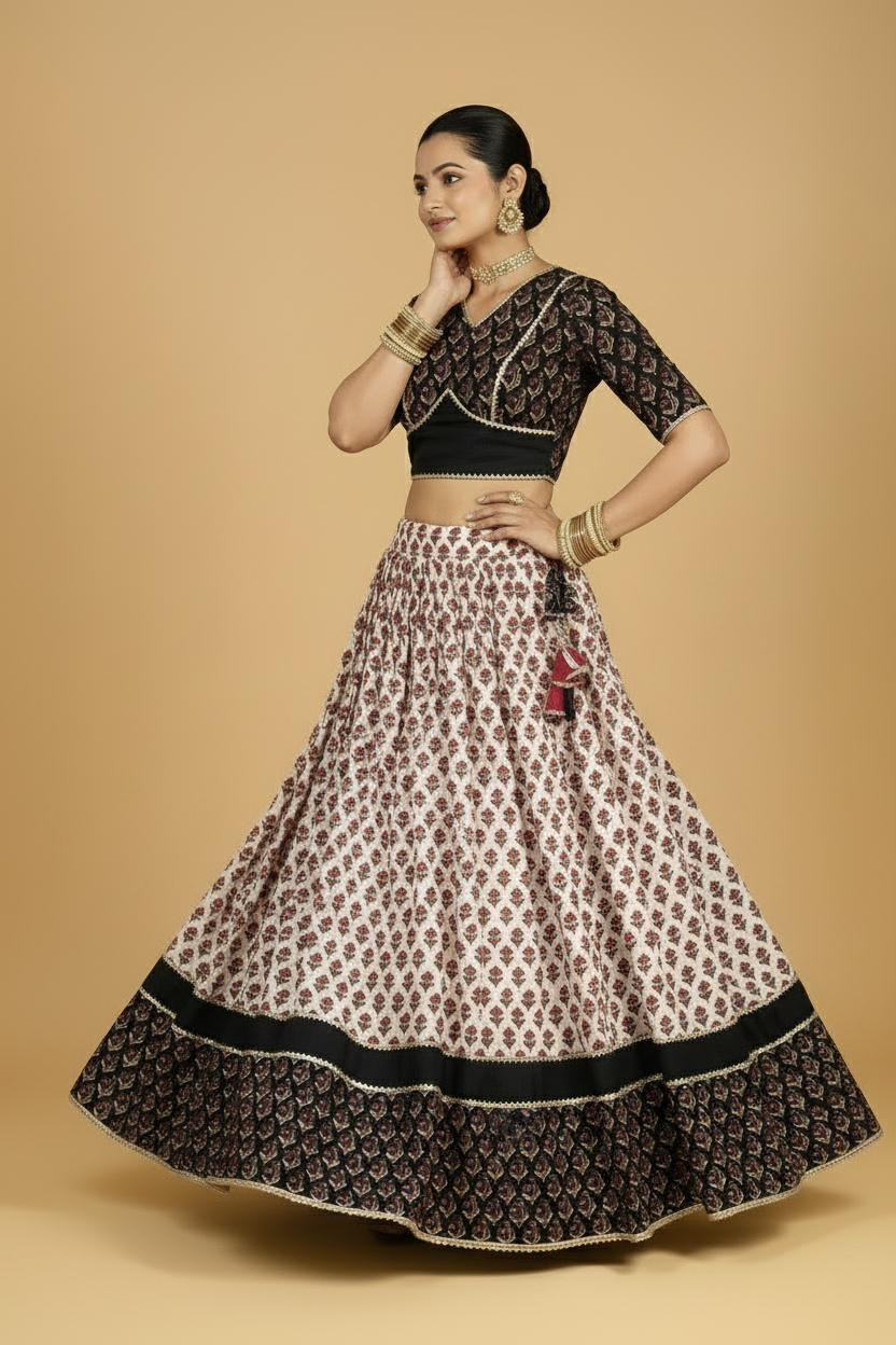 Harshil x Tyohaar Lehenga Set, in Cream 100% Cotton - Block Printed, featuring elbow sleeves and v-neckline (view 8).