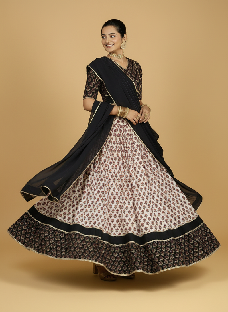 Harshil x Tyohaar | Cream & Black Navratri Handblock Printed Lehenga Set-Binks