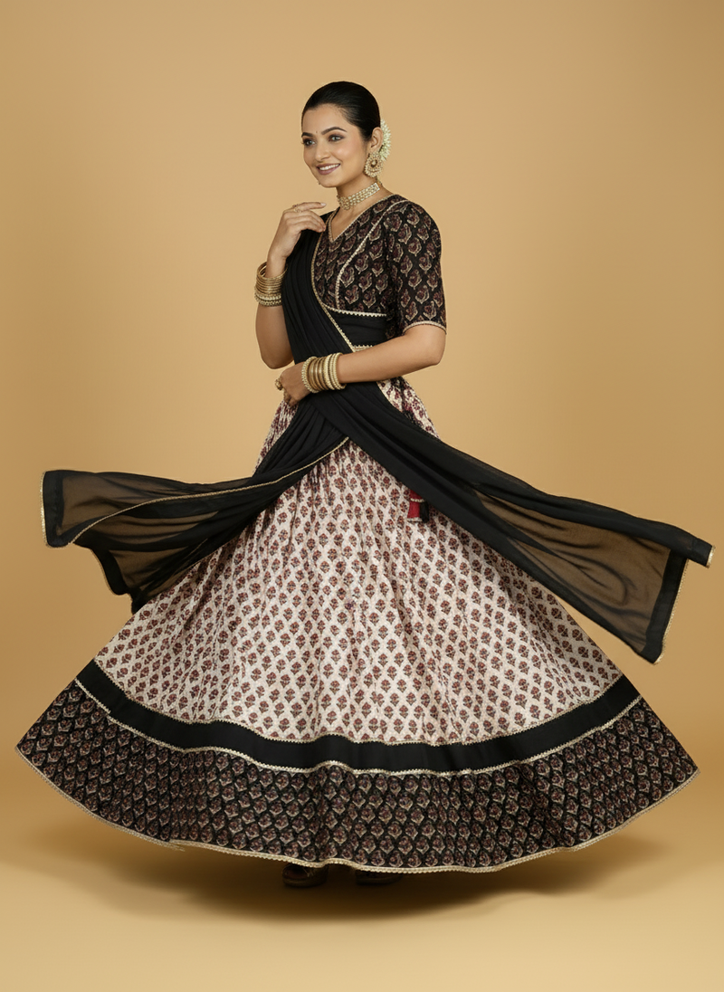 Harshil x Tyohaar | Cream & Black Navratri Handblock Printed Lehenga Set-Binks