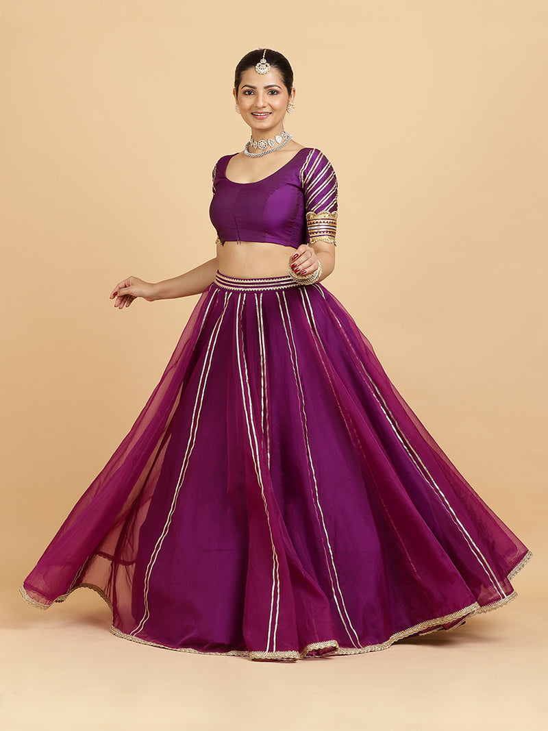 Heer Anisha 4-Pc Lehenga Set x Tyohaar | Purple Lehenga, Purple Blouse with Falak Purple Dupatta and Cancan Skirt-Binks