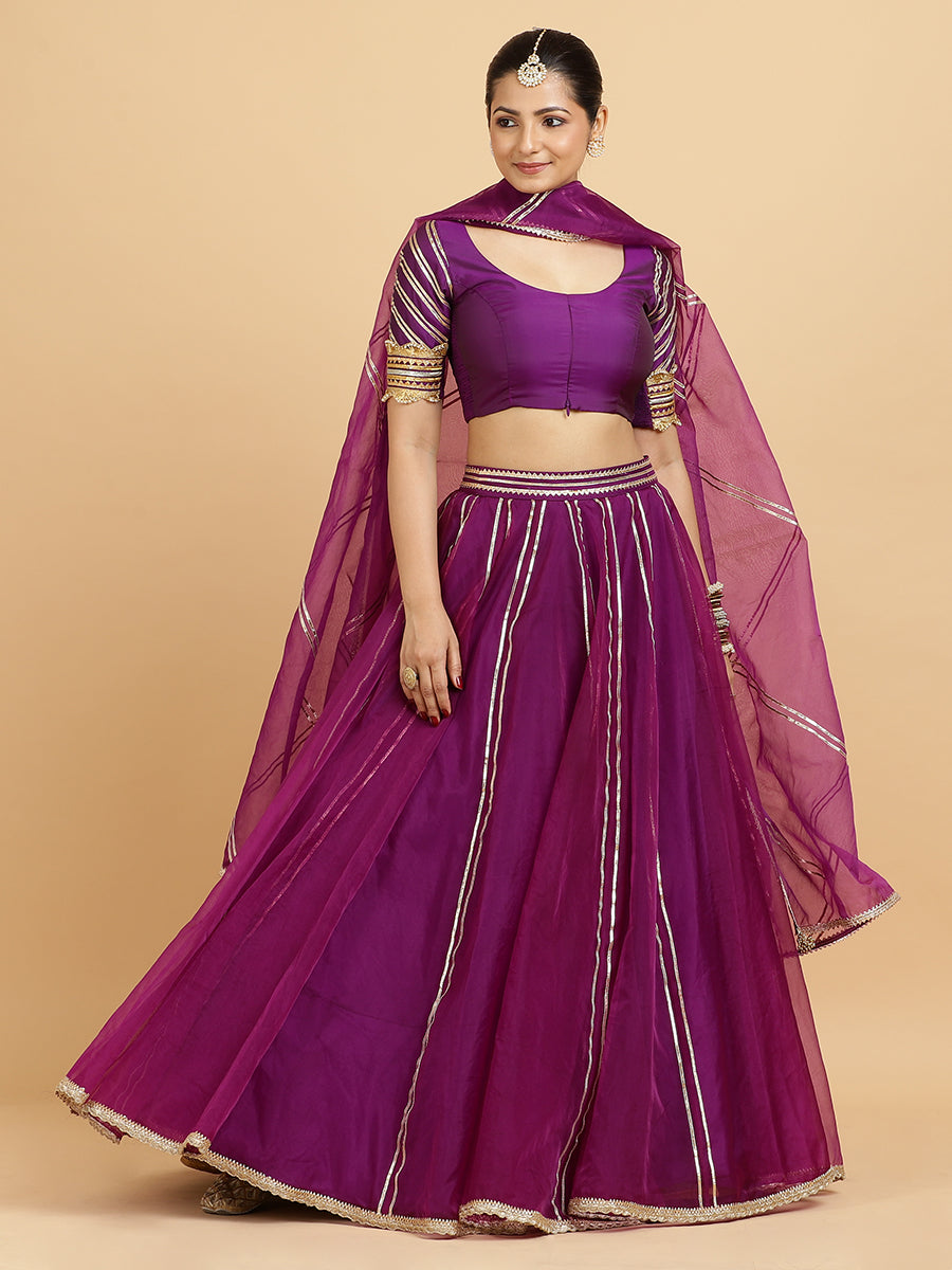 Heer Anisha 4-Pc Lehenga Set x Tyohaar, in Purple, featuring elbow sleeves and round neckline, made for party & festive.