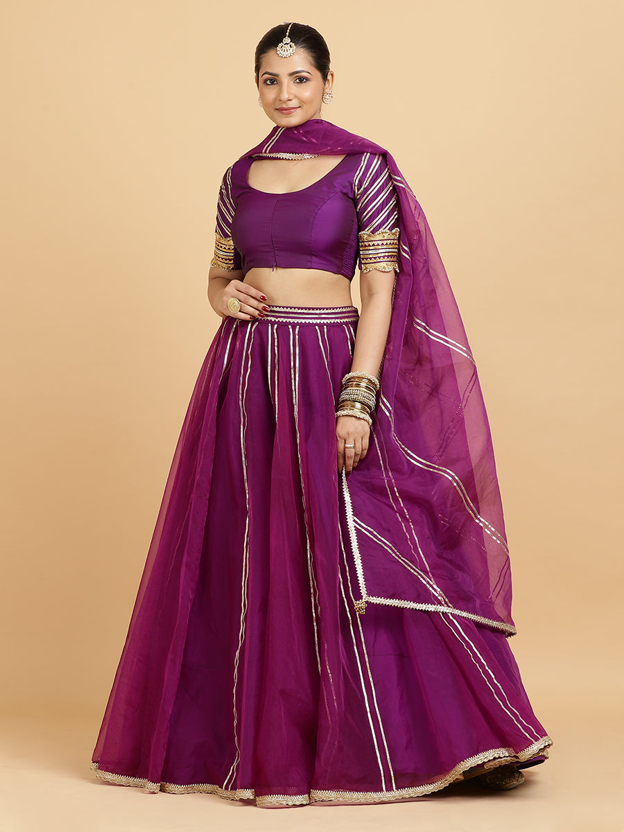 Heer Anisha 4-Pc Lehenga Set x Tyohaar, in Purple, featuring elbow sleeves and round neckline, made for party & festive.