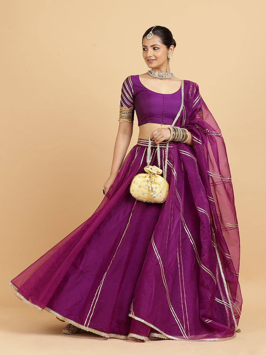 Heer Anisha 4-Pc Lehenga Set x Tyohaar, in Purple, featuring elbow sleeves and round neckline, made for party & festive.