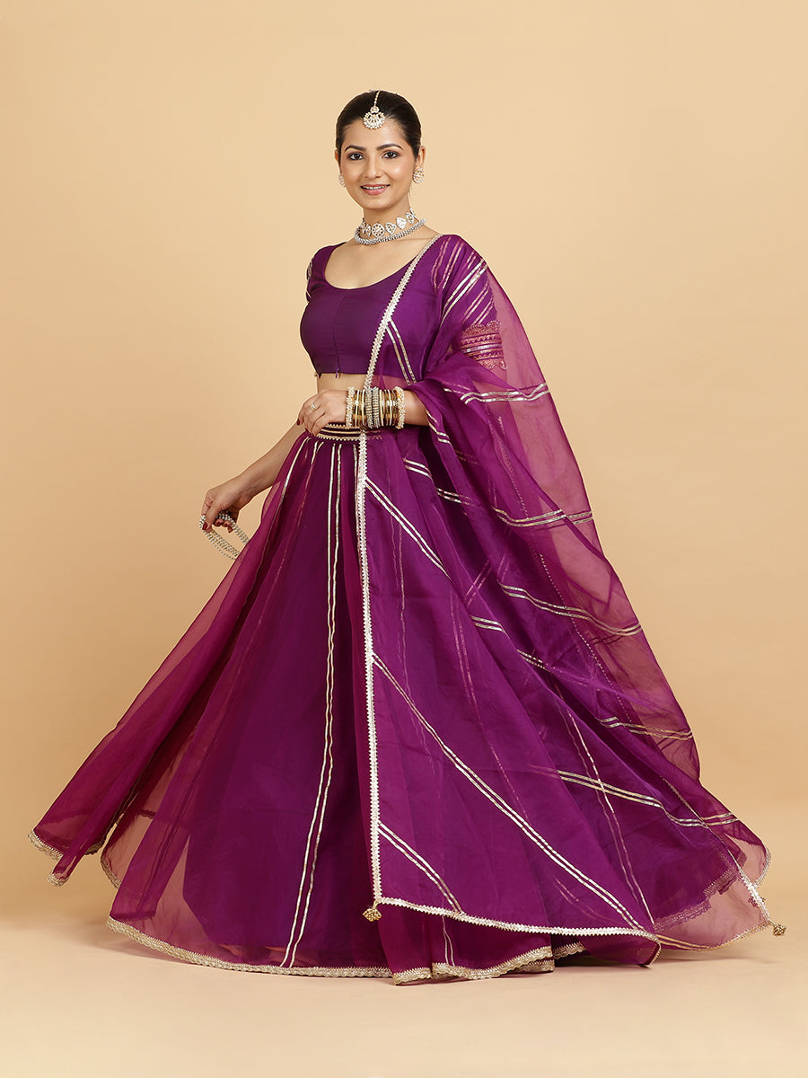 Heer Anisha 4-Pc Lehenga Set x Tyohaar, in Purple, featuring elbow sleeves and round neckline, made for party & festive.