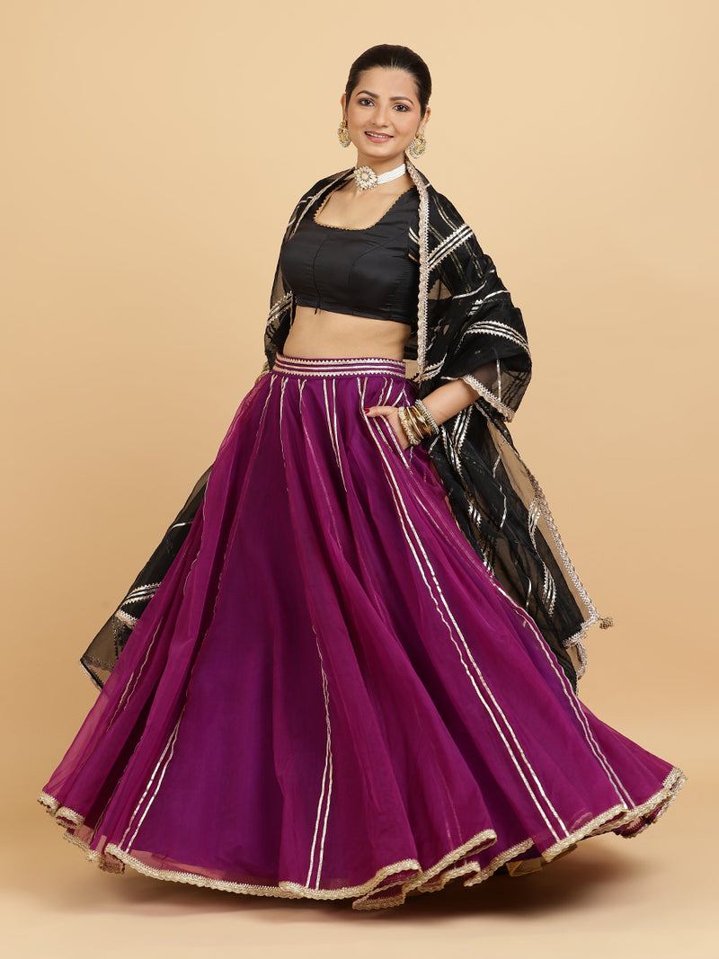 Heer Aziza 4-Pc Lehenga Set x Tyohaar | Purple Lehenga, Charcoal Black Blouse with Chandni Black Dupatta and Cancan Skirt-Binks