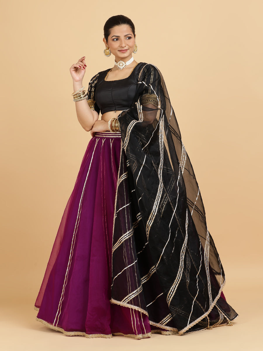 Heer Aziza 4-Pc Lehenga Set x Tyohaar, in Purple, featuring elbow sleeves and square neckline, made for party & festive.