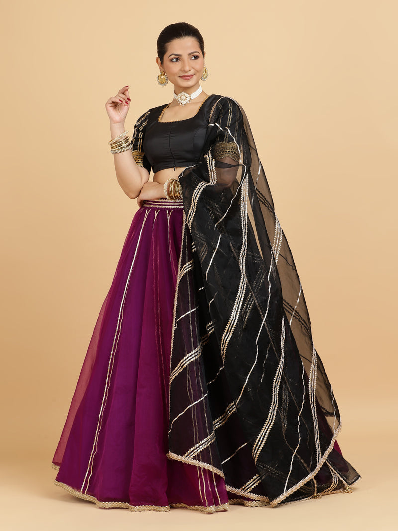Heer Aziza 4-Pc Lehenga Set x Tyohaar | Purple Lehenga, Charcoal Black Blouse with Chandni Black Dupatta and Cancan Skirt-Binks