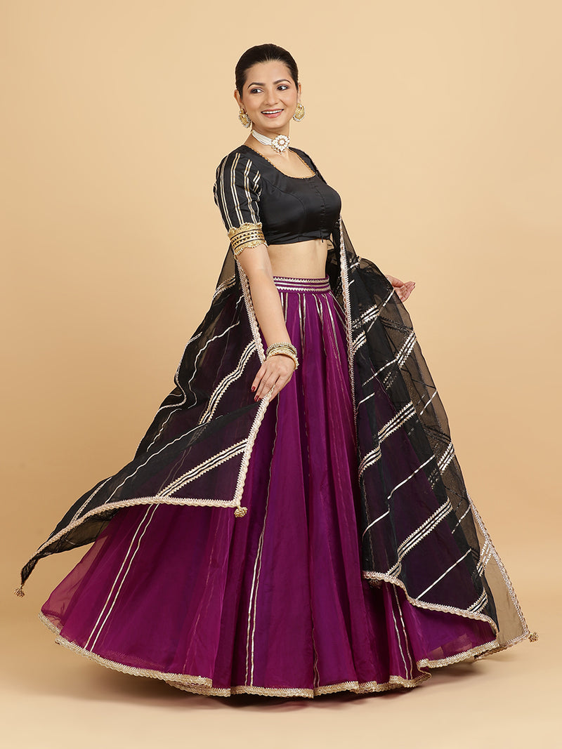 Heer Aziza 4-Pc Lehenga Set x Tyohaar | Purple Lehenga, Charcoal Black Blouse with Chandni Black Dupatta and Cancan Skirt-Binks