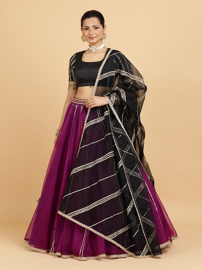 Heer Aziza 4-Pc Lehenga Set x Tyohaar | Purple Lehenga, Charcoal Black Blouse with Chandni Black Dupatta and Cancan Skirt-Binks