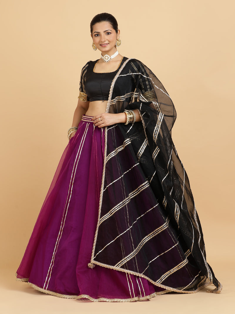 Heer Aziza 4-Pc Lehenga Set x Tyohaar | Purple Lehenga, Charcoal Black Blouse with Chandni Black Dupatta and Cancan Skirt-Binks