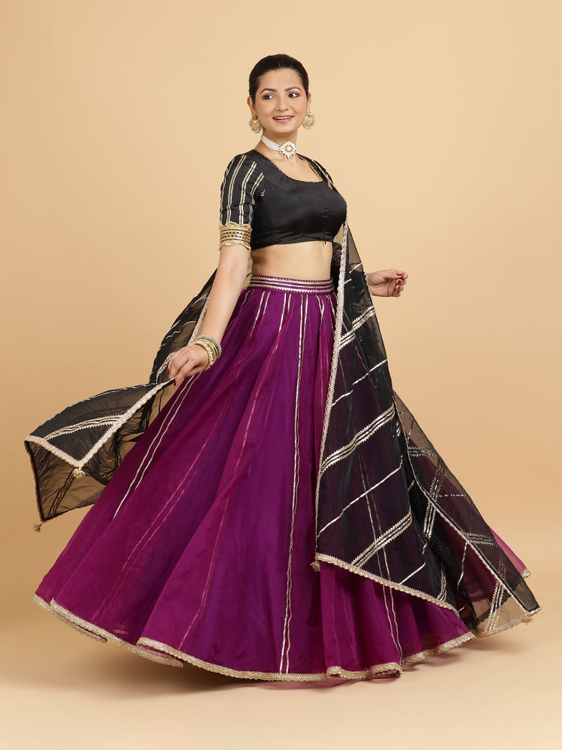 Heer Aziza 4-Pc Lehenga Set x Tyohaar | Purple Lehenga, Charcoal Black Blouse with Chandni Black Dupatta and Cancan Skirt-Binks