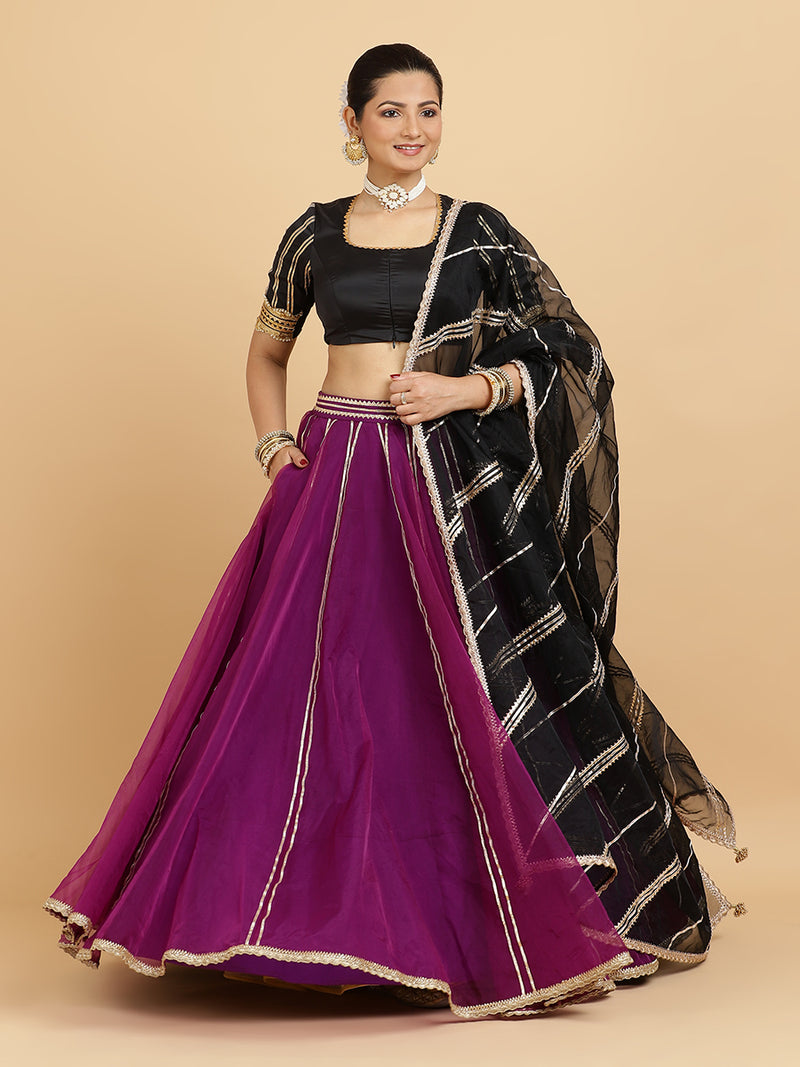 Heer Aziza 4-Pc Lehenga Set x Tyohaar | Purple Lehenga, Charcoal Black Blouse with Chandni Black Dupatta and Cancan Skirt-Binks