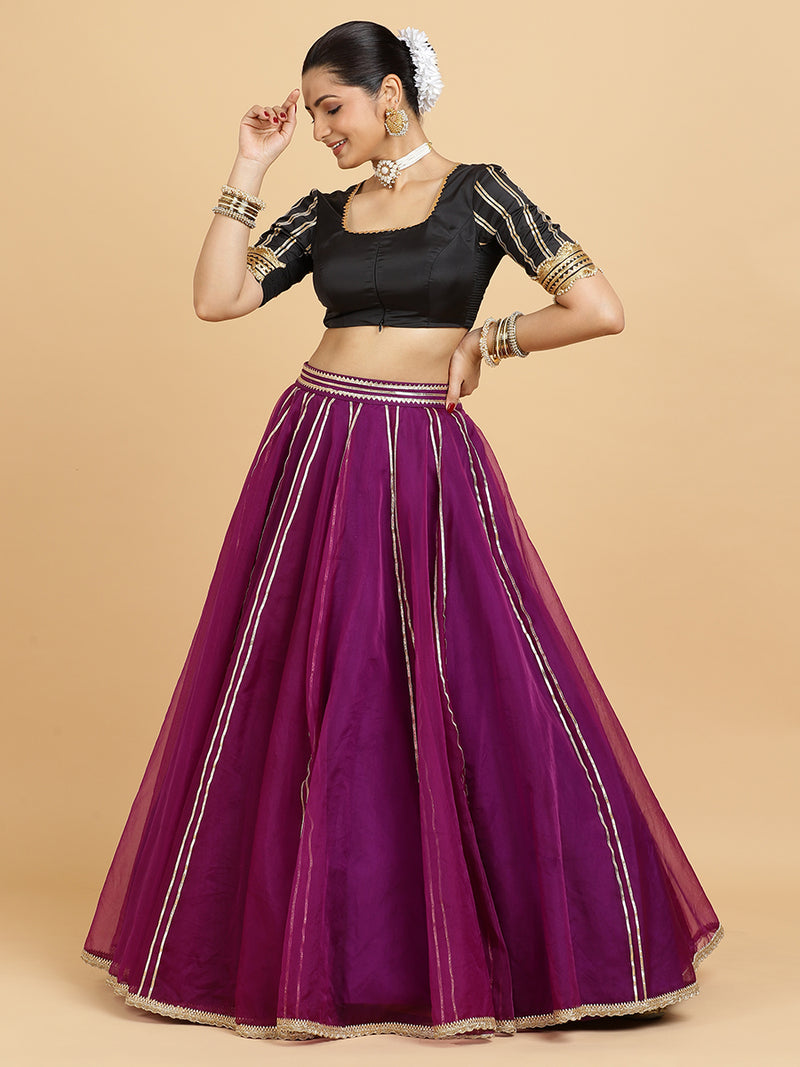 Heer Aziza 4-Pc Lehenga Set x Tyohaar | Purple Lehenga, Charcoal Black Blouse with Chandni Black Dupatta and Cancan Skirt-Binks