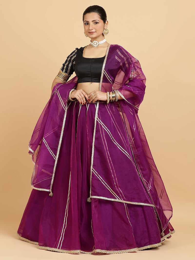 Heer Aziza 4-Pc Lehenga Set x Tyohaar | Purple Lehenga, Charcoal Black Blouse with Falak Purple Dupatta and Cancan Skirt-Binks