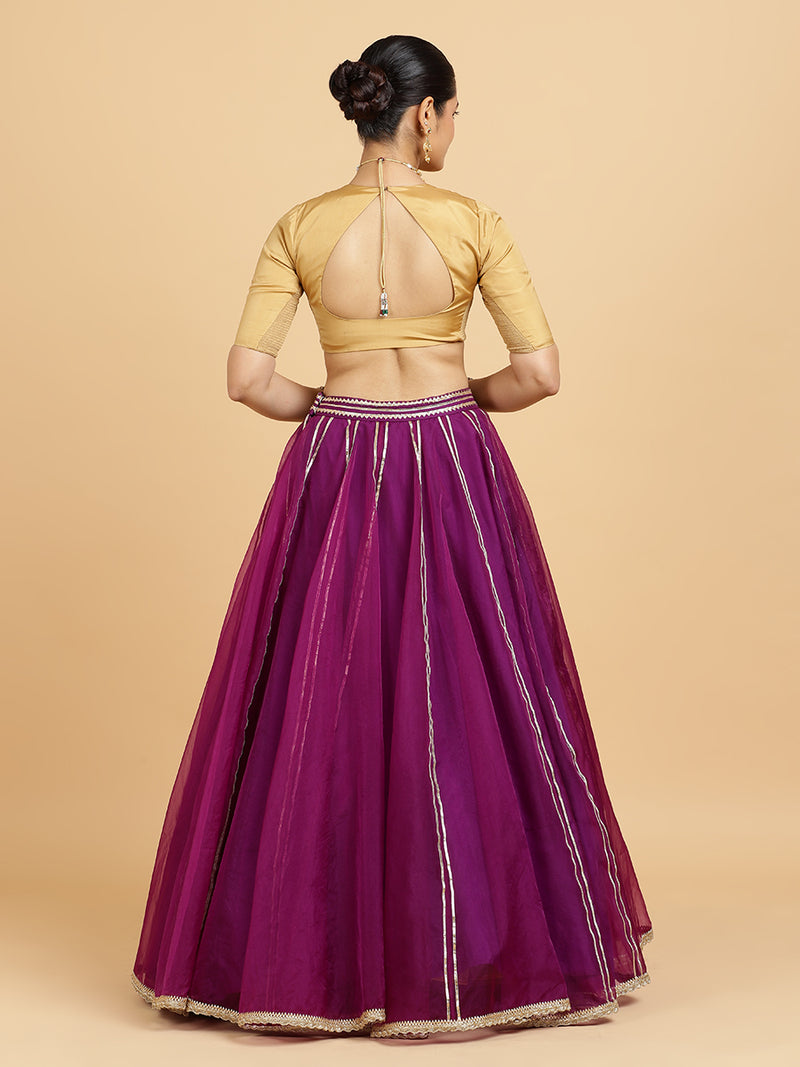 Heer Aziza 4-Pc Lehenga Set x Tyohaar | Purple Lehenga, Gold Blouse with Falak Purple Dupatta and Cancan Skirt-Binks
