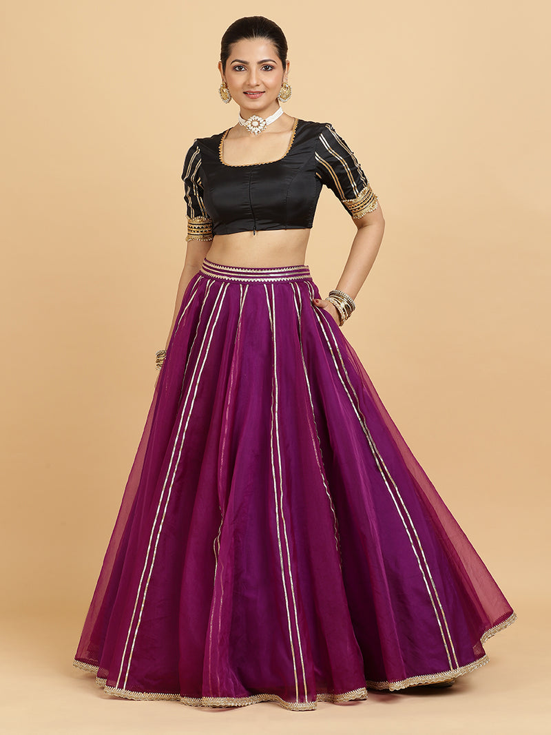 Heer Aziza 4-Pc Lehenga Set x Tyohaar | Purple Lehenga, Charcoal Black Blouse with Falak Purple Dupatta and Cancan Skirt-Binks