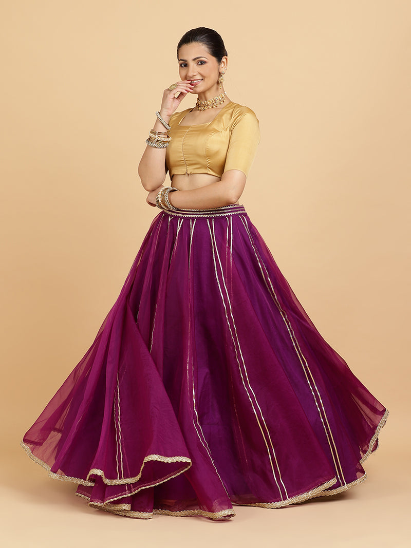 Heer Aziza 4-Pc Lehenga Set x Tyohaar | Purple Lehenga, Gold Blouse with Falak Purple Dupatta and Cancan Skirt-Binks