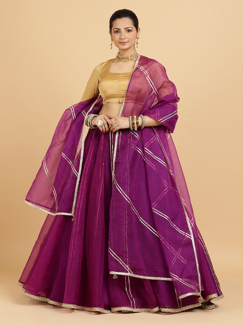 Heer Aziza 4-Pc Lehenga Set x Tyohaar | Purple Lehenga, Gold Blouse with Falak Purple Dupatta and Cancan Skirt-Binks