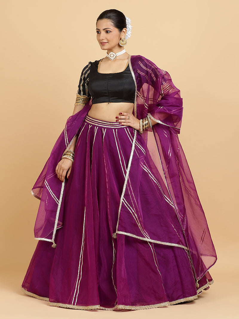 Heer Aziza 4-Pc Lehenga Set x Tyohaar | Purple Lehenga, Charcoal Black Blouse with Falak Purple Dupatta and Cancan Skirt-Binks