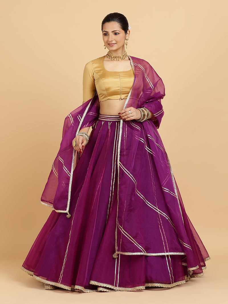 Heer Aziza 4-Pc Lehenga Set x Tyohaar | Purple Lehenga, Gold Blouse with Falak Purple Dupatta and Cancan Skirt-Binks