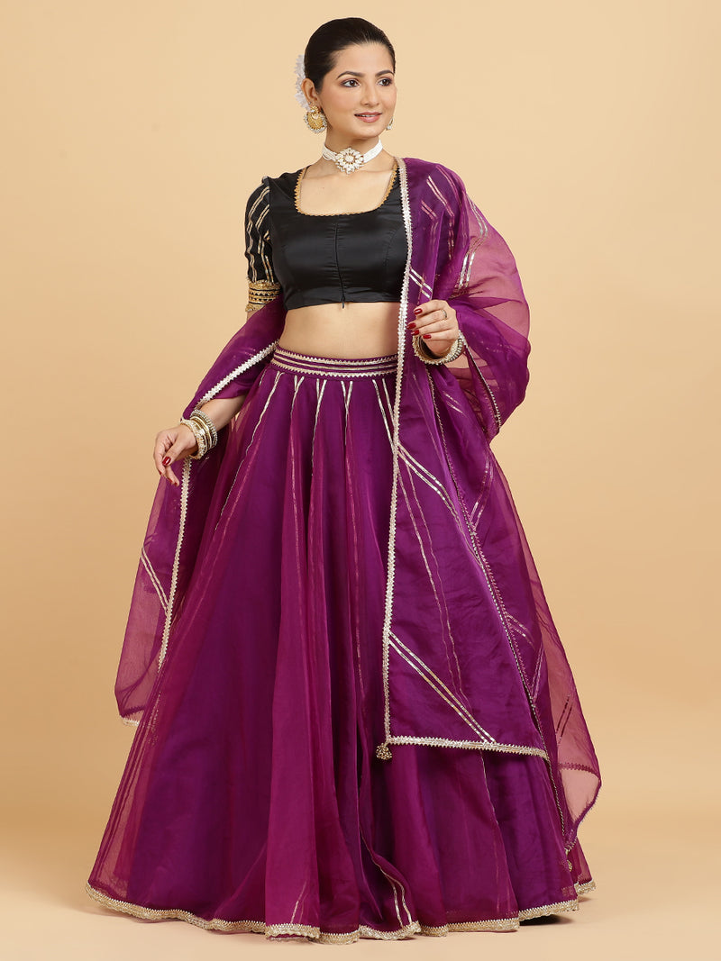 Heer Aziza 4-Pc Lehenga Set x Tyohaar | Purple Lehenga, Charcoal Black Blouse with Falak Purple Dupatta and Cancan Skirt-Binks