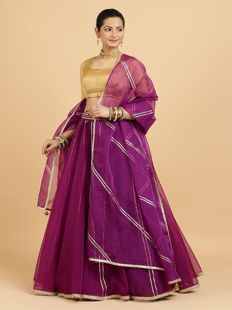 Heer Aziza 4-Pc Lehenga Set x Tyohaar | Purple Lehenga, Gold Blouse with Falak Purple Dupatta and Cancan Skirt-Binks