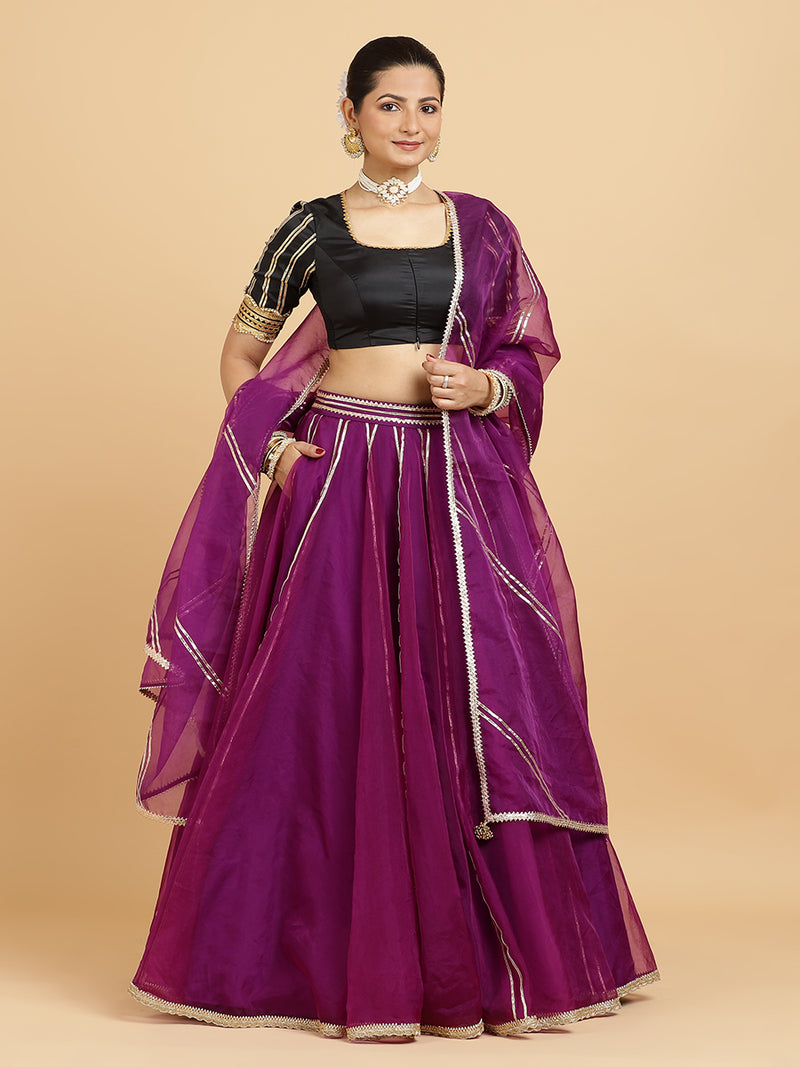 Heer Aziza 4-Pc Lehenga Set x Tyohaar | Purple Lehenga, Charcoal Black Blouse with Falak Purple Dupatta and Cancan Skirt-Binks
