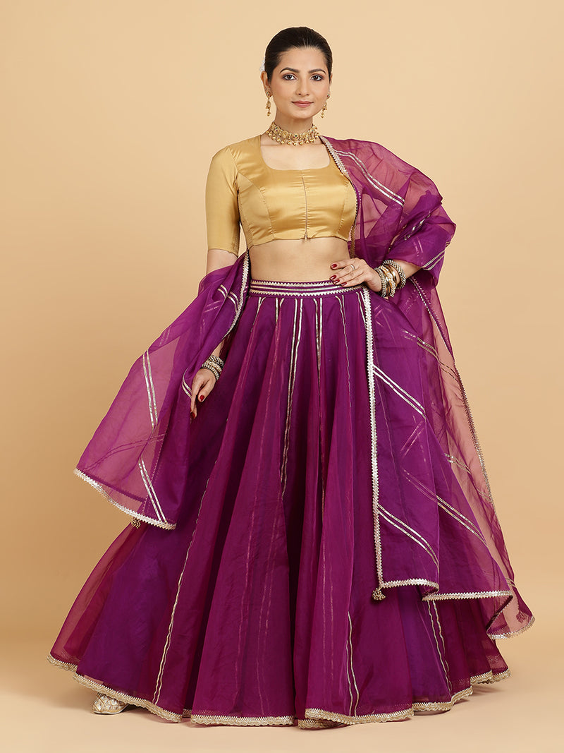 Heer Aziza 4-Pc Lehenga Set x Tyohaar | Purple Lehenga, Gold Blouse with Falak Purple Dupatta and Cancan Skirt-Binks