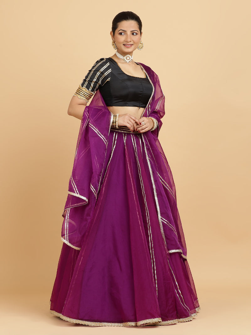 Heer Aziza 4-Pc Lehenga Set x Tyohaar | Purple Lehenga, Charcoal Black Blouse with Falak Purple Dupatta and Cancan Skirt-Binks