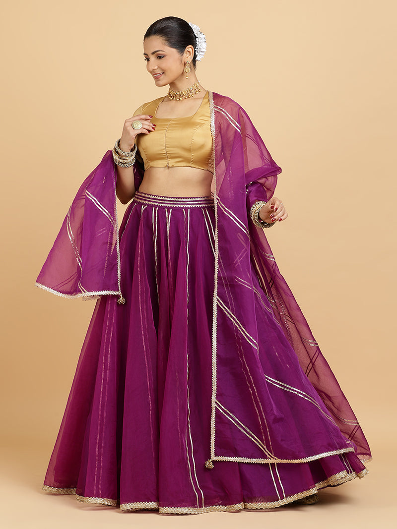 Heer Aziza 4-Pc Lehenga Set x Tyohaar | Purple Lehenga, Gold Blouse with Falak Purple Dupatta and Cancan Skirt-Binks