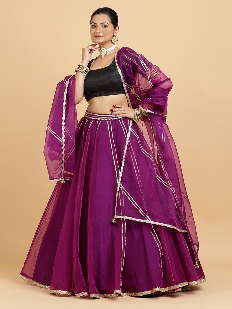 Heer Aziza 4-Pc Lehenga Set x Tyohaar | Purple Lehenga, Charcoal Black Blouse with Falak Purple Dupatta and Cancan Skirt-Binks