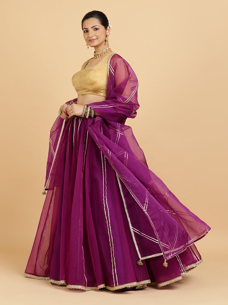 Heer Aziza 4-Pc Lehenga Set x Tyohaar | Purple Lehenga, Gold Blouse with Falak Purple Dupatta and Cancan Skirt-Binks