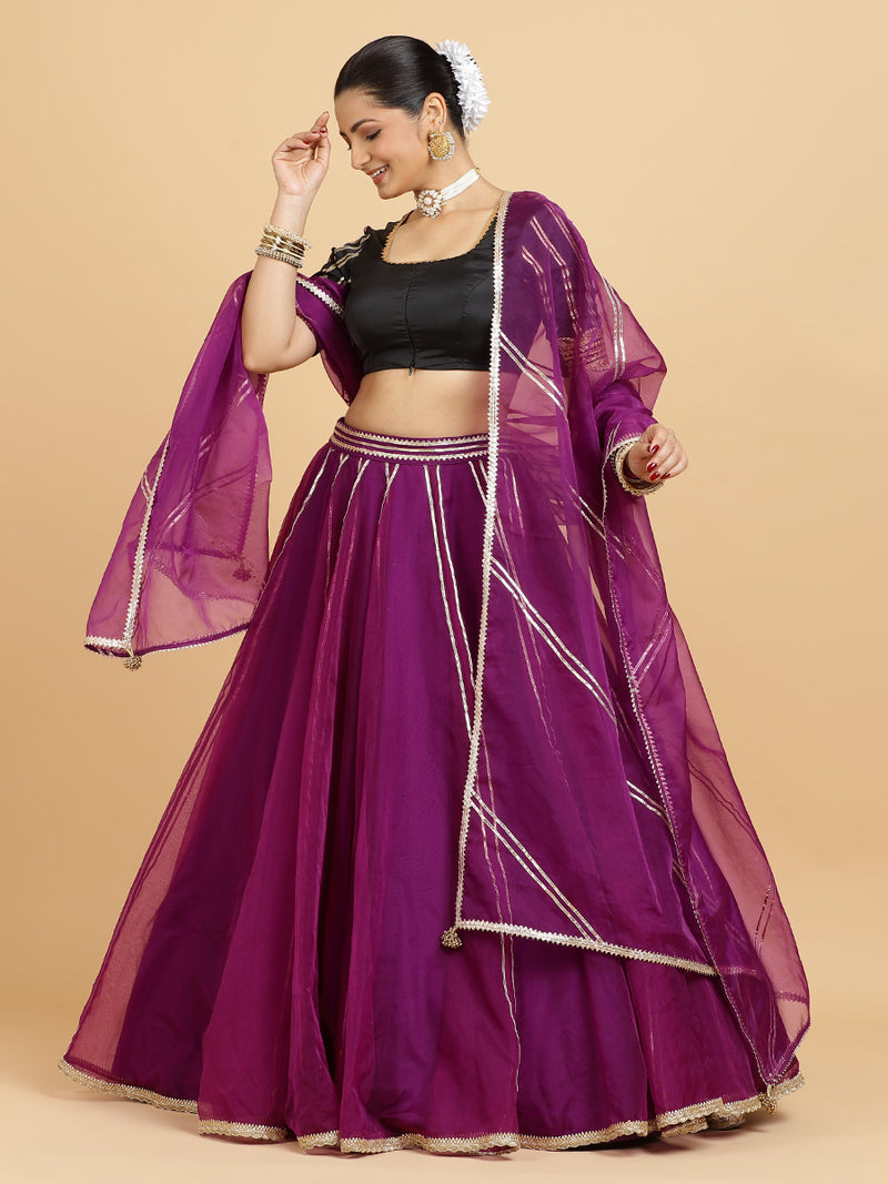 Heer Aziza 4-Pc Lehenga Set x Tyohaar | Purple Lehenga, Charcoal Black Blouse with Falak Purple Dupatta and Cancan Skirt-Binks