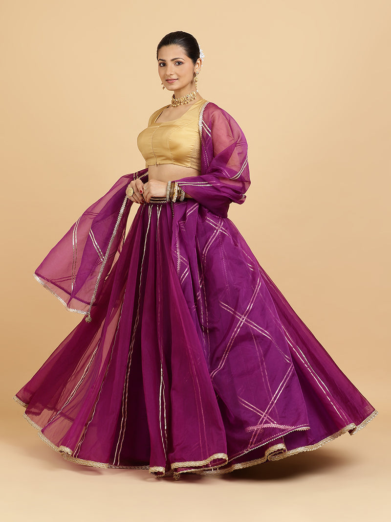 Heer Aziza 4-Pc Lehenga Set x Tyohaar | Purple Lehenga, Gold Blouse with Falak Purple Dupatta and Cancan Skirt-Binks