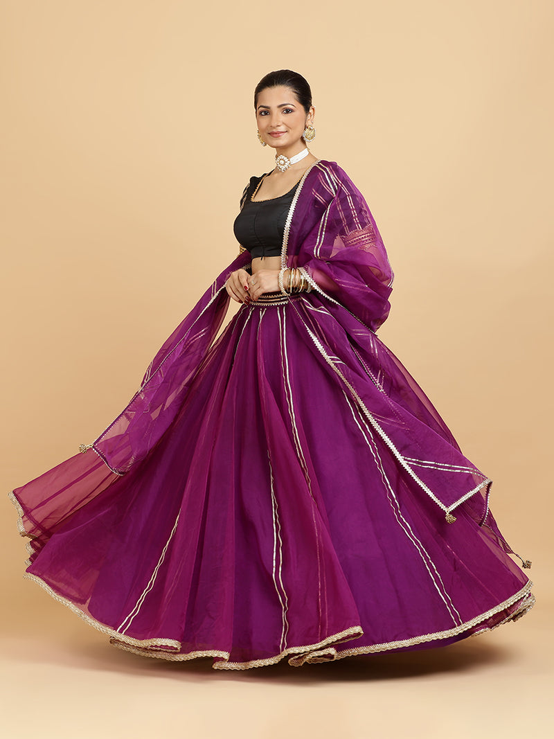 Heer Aziza 4-Pc Lehenga Set x Tyohaar | Purple Lehenga, Charcoal Black Blouse with Falak Purple Dupatta and Cancan Skirt-Binks