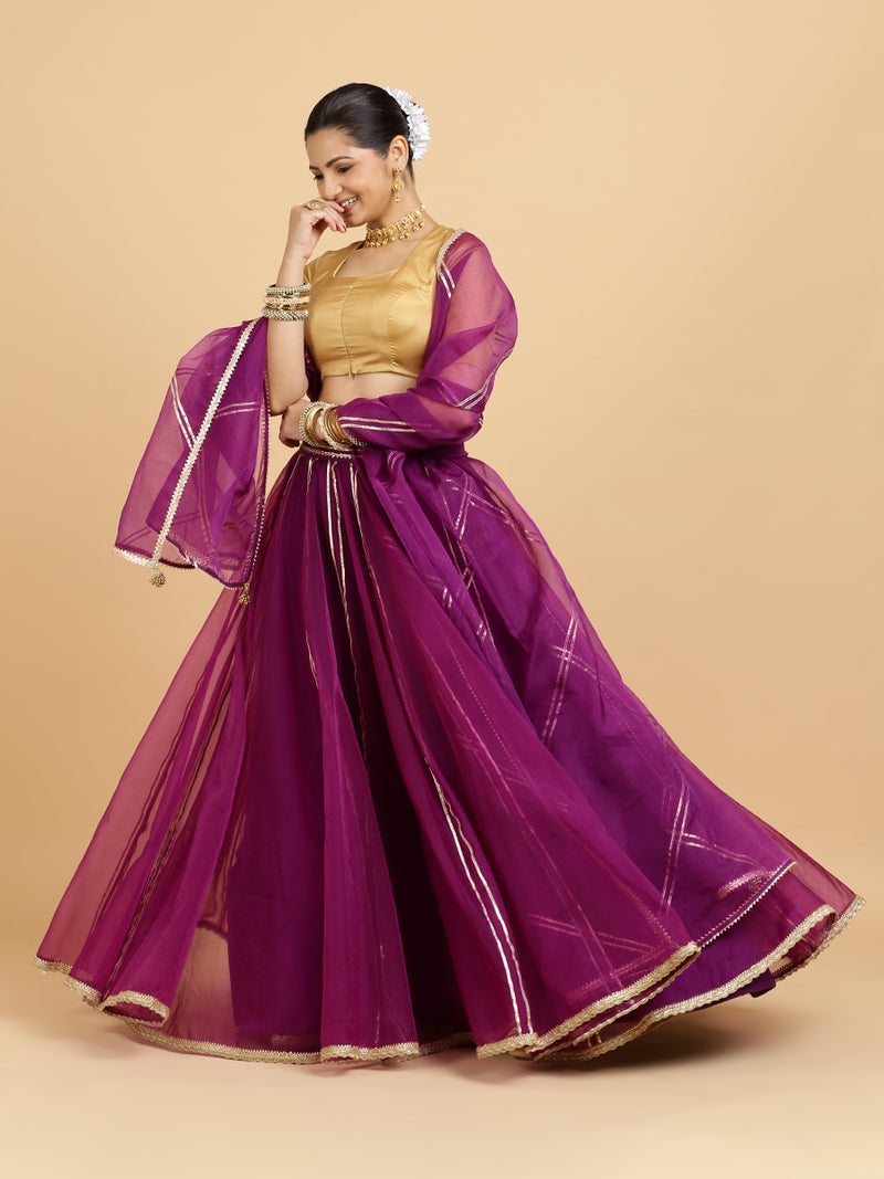Heer Aziza 4-Pc Lehenga Set x Tyohaar | Purple Lehenga, Gold Blouse with Falak Purple Dupatta and Cancan Skirt-Binks