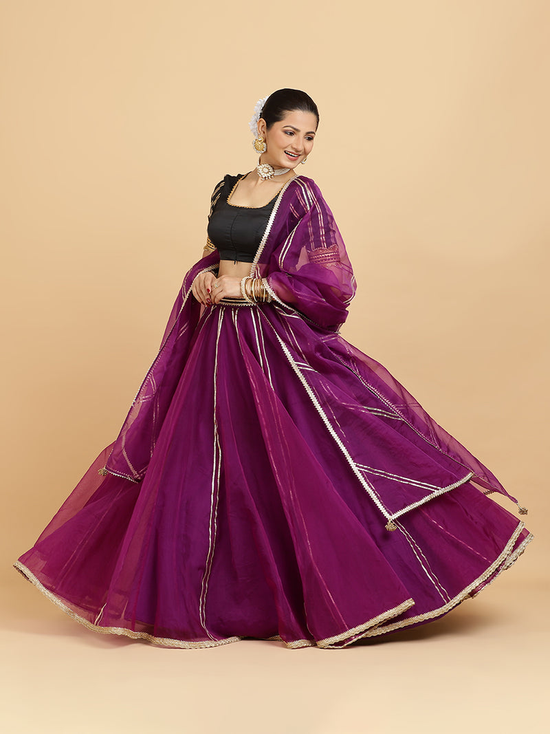 Heer Aziza 4-Pc Lehenga Set x Tyohaar | Purple Lehenga, Charcoal Black Blouse with Falak Purple Dupatta and Cancan Skirt-Binks