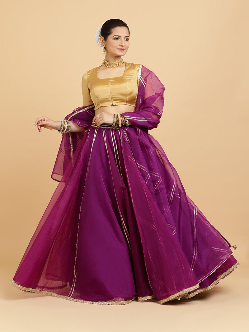 Heer Aziza 4-Pc Lehenga Set x Tyohaar | Purple Lehenga, Gold Blouse with Falak Purple Dupatta and Cancan Skirt-Binks