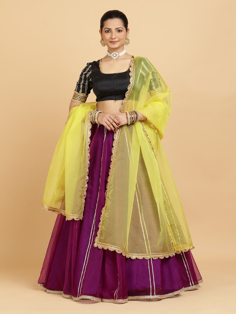 Heer Aziza 4-Pc Lehenga Set x Tyohaar | Purple Lehenga, Charcoal Black Blouse with Saher Lemon Yellow Dupatta and Cancan Skirt-Binks