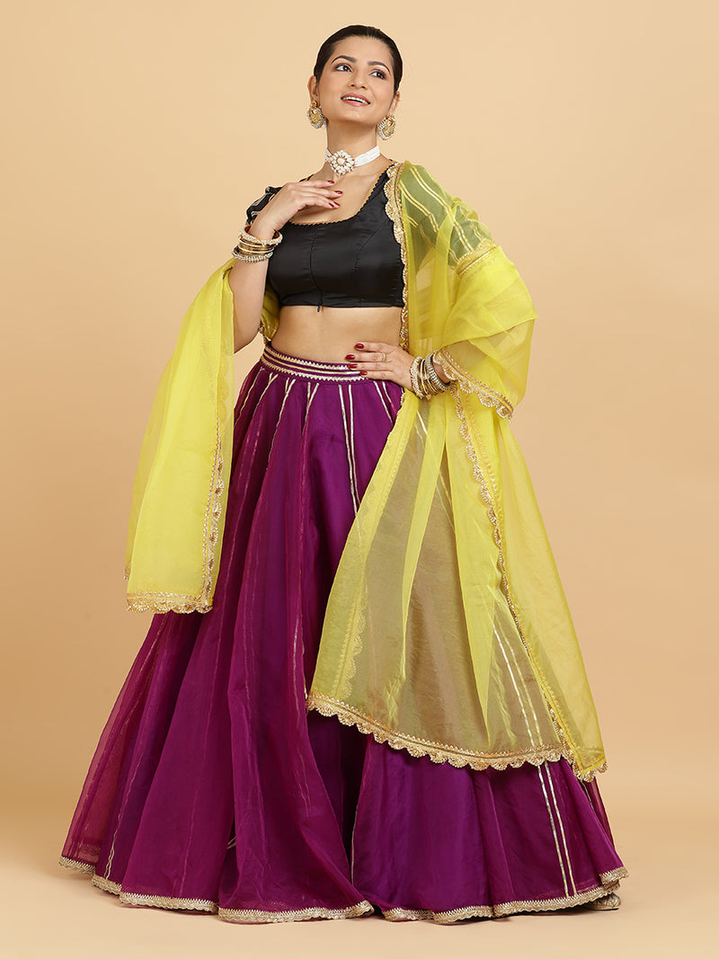 Heer Aziza 4-Pc Lehenga Set x Tyohaar | Purple Lehenga, Charcoal Black Blouse with Saher Lemon Yellow Dupatta and Cancan Skirt-Binks