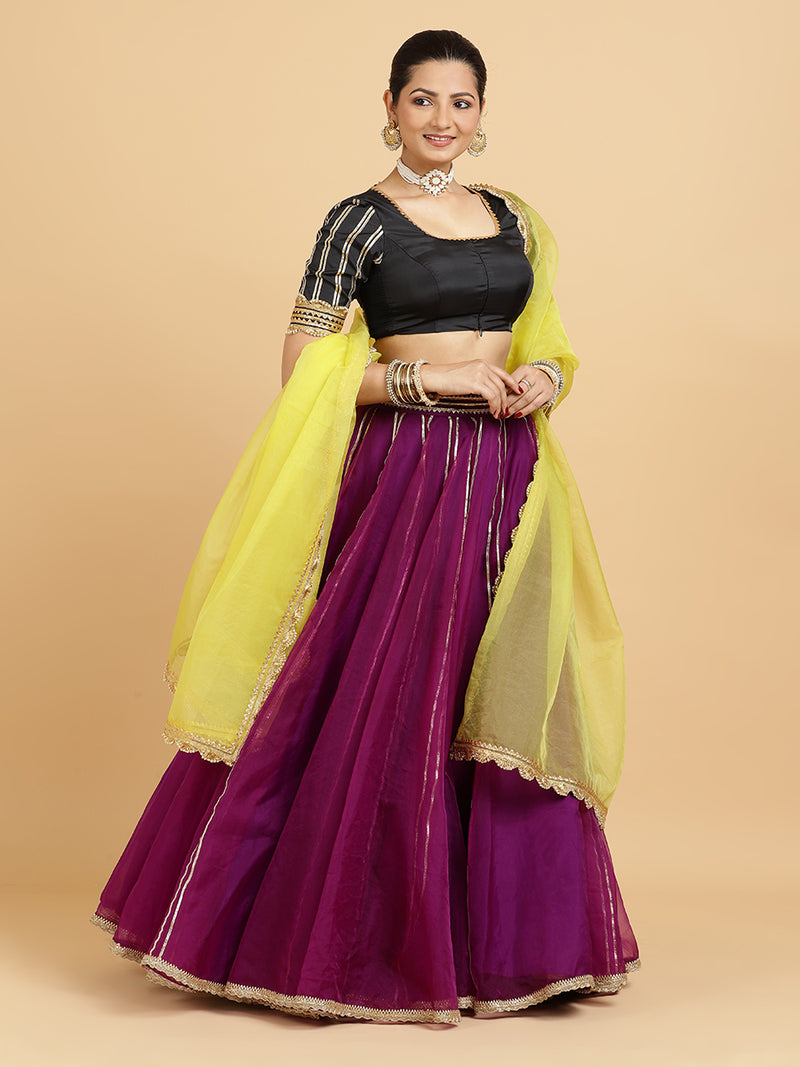 Heer Aziza 4-Pc Lehenga Set x Tyohaar | Purple Lehenga, Charcoal Black Blouse with Saher Lemon Yellow Dupatta and Cancan Skirt-Binks