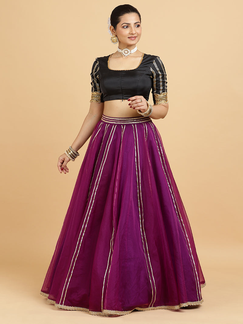 Heer Aziza 4-Pc Lehenga Set x Tyohaar | Purple Lehenga, Charcoal Black Blouse with Saher Lemon Yellow Dupatta and Cancan Skirt-Binks