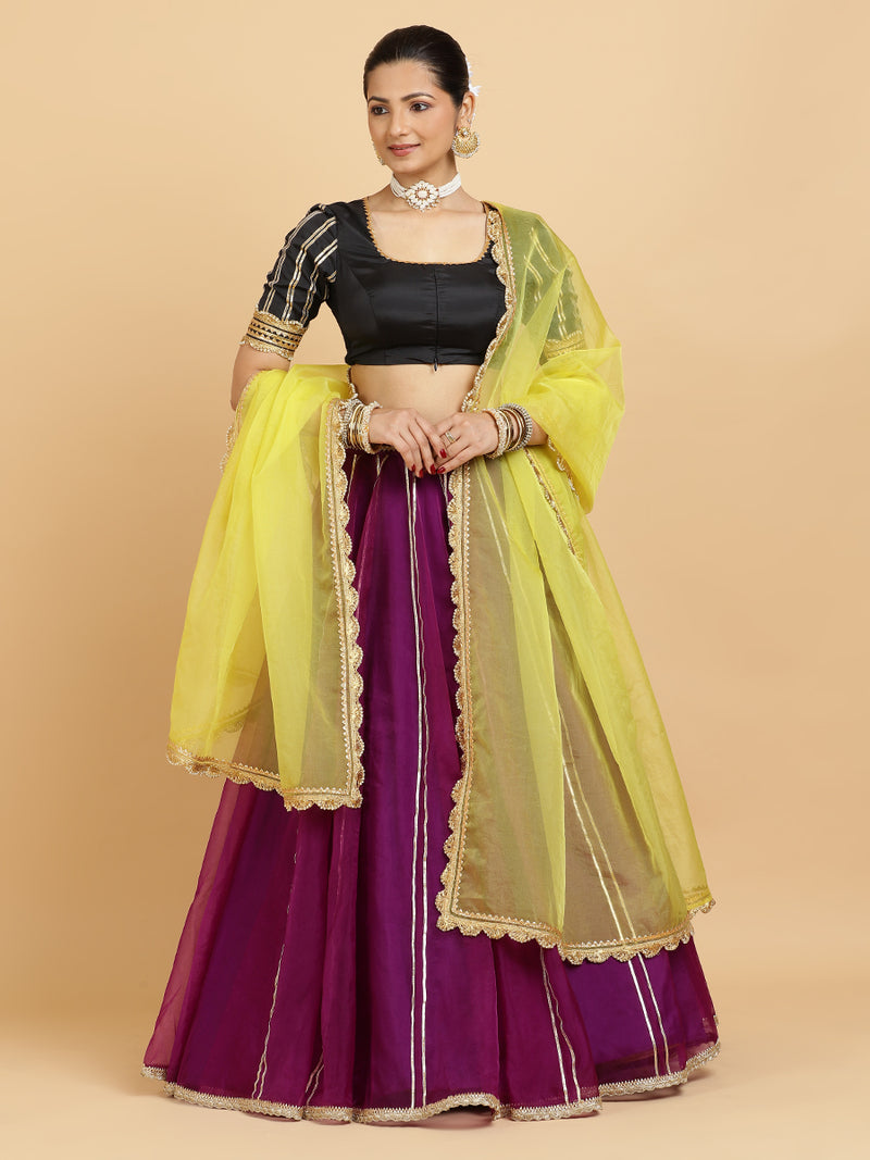 Heer Aziza 4-Pc Lehenga Set x Tyohaar | Purple Lehenga, Charcoal Black Blouse with Saher Lemon Yellow Dupatta and Cancan Skirt-Binks
