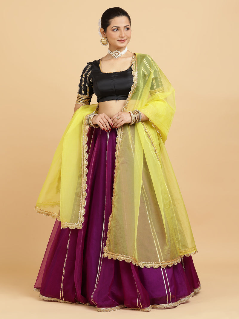 Heer Aziza 4-Pc Lehenga Set x Tyohaar | Purple Lehenga, Charcoal Black Blouse with Saher Lemon Yellow Dupatta and Cancan Skirt-Binks