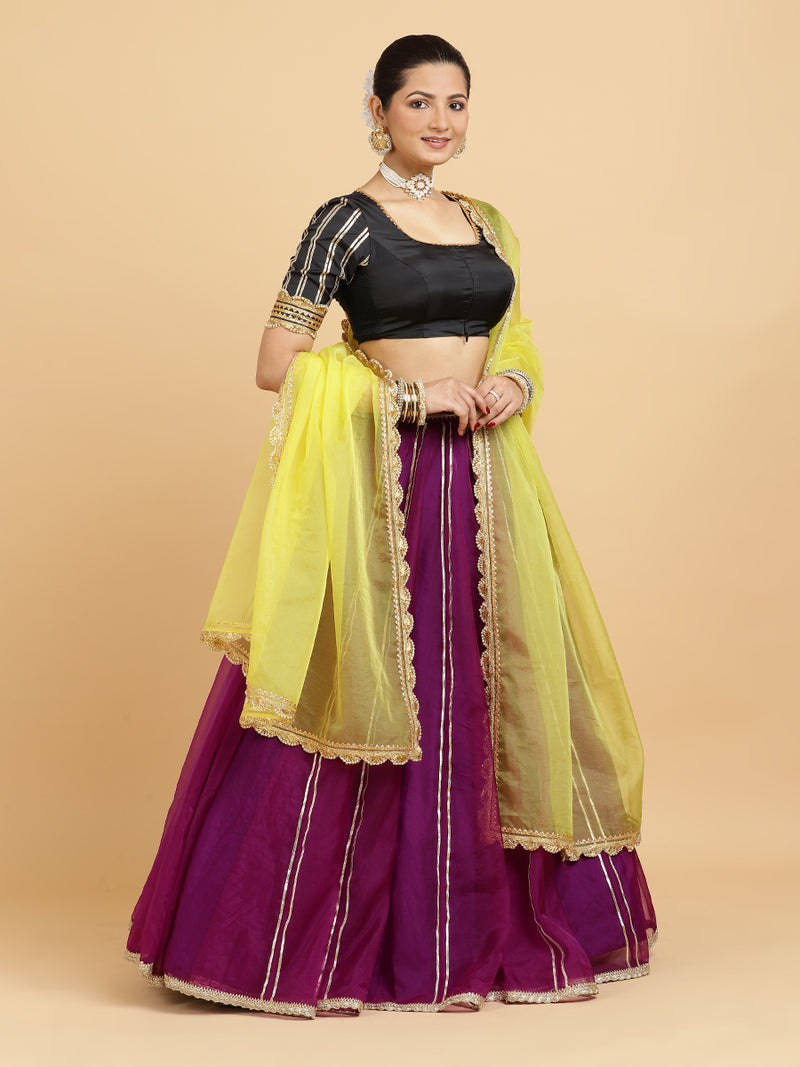 Heer Aziza 4-Pc Lehenga Set x Tyohaar | Purple Lehenga, Charcoal Black Blouse with Saher Lemon Yellow Dupatta and Cancan Skirt-Binks