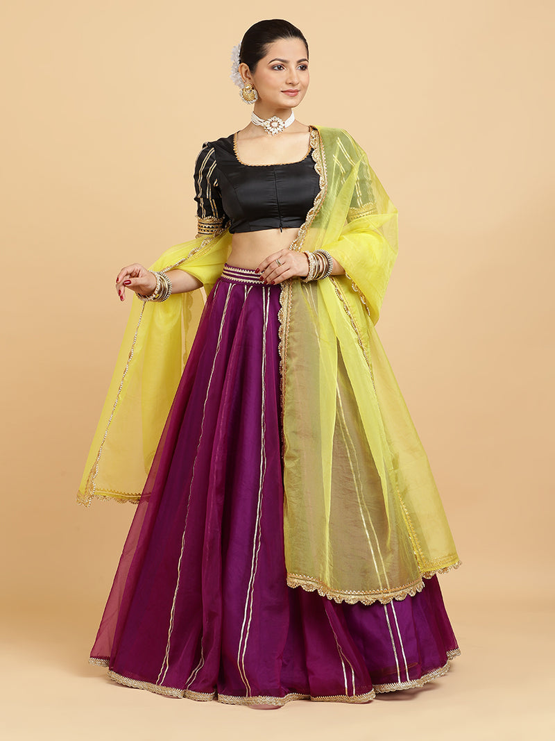 Heer Aziza 4-Pc Lehenga Set x Tyohaar | Purple Lehenga, Charcoal Black Blouse with Saher Lemon Yellow Dupatta and Cancan Skirt-Binks