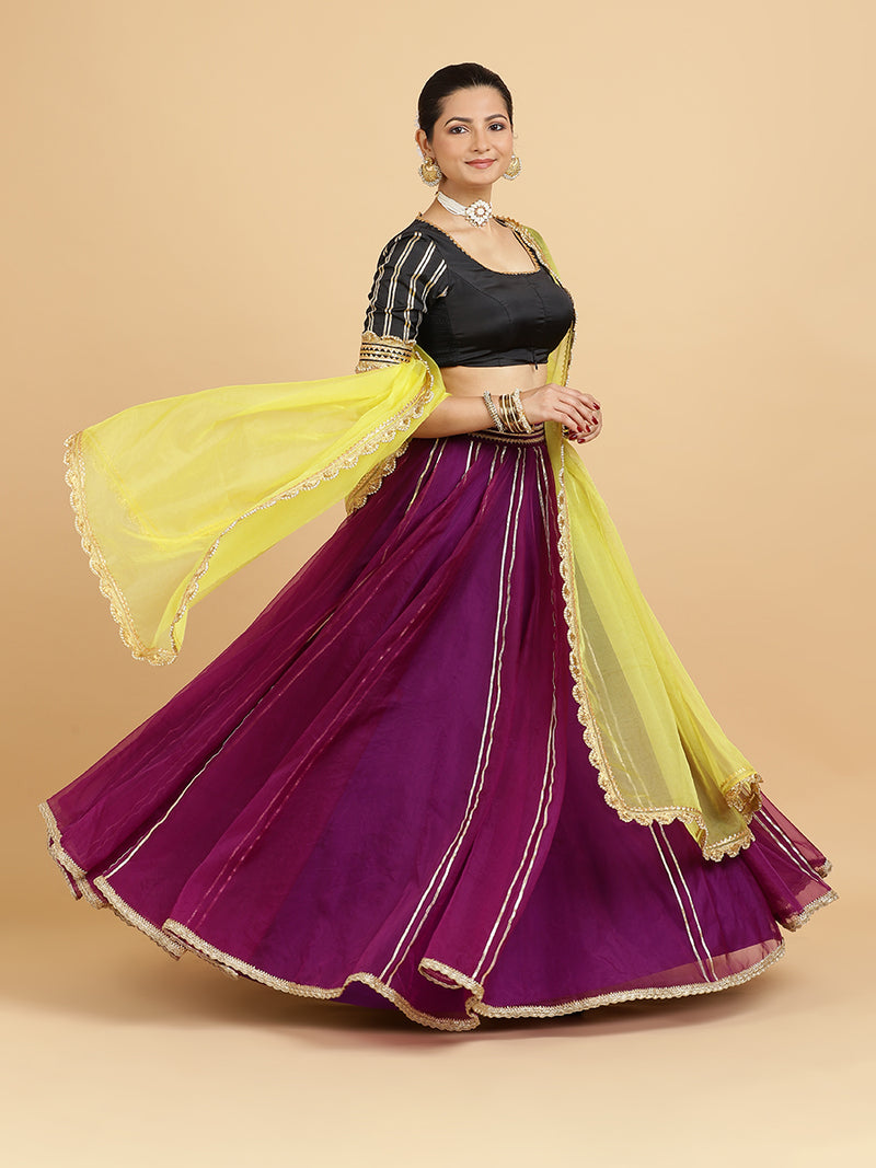 Heer Aziza 4-Pc Lehenga Set x Tyohaar | Purple Lehenga, Charcoal Black Blouse with Saher Lemon Yellow Dupatta and Cancan Skirt-Binks