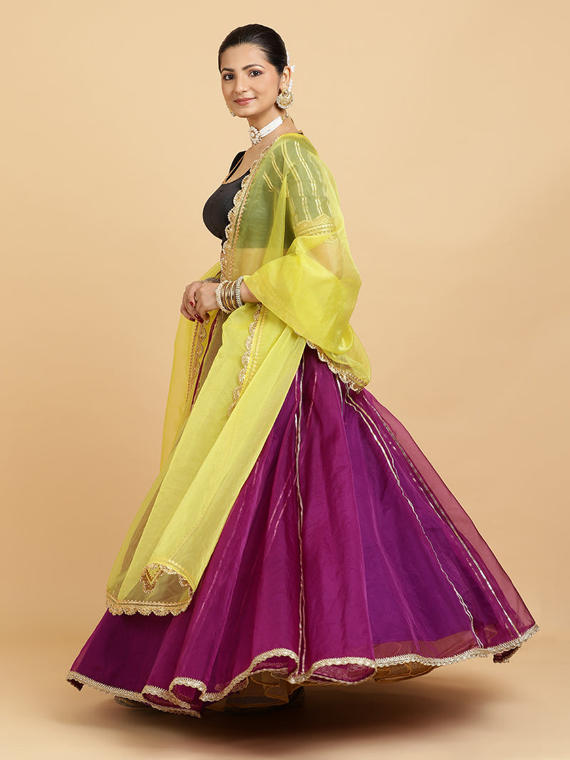 Heer Aziza 4-Pc Lehenga Set x Tyohaar | Purple Lehenga, Charcoal Black Blouse with Saher Lemon Yellow Dupatta and Cancan Skirt-Binks