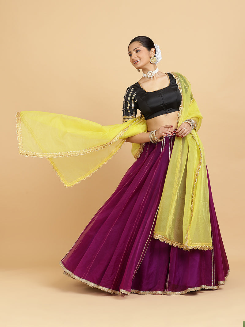 Heer Aziza 4-Pc Lehenga Set x Tyohaar | Purple Lehenga, Charcoal Black Blouse with Saher Lemon Yellow Dupatta and Cancan Skirt-Binks