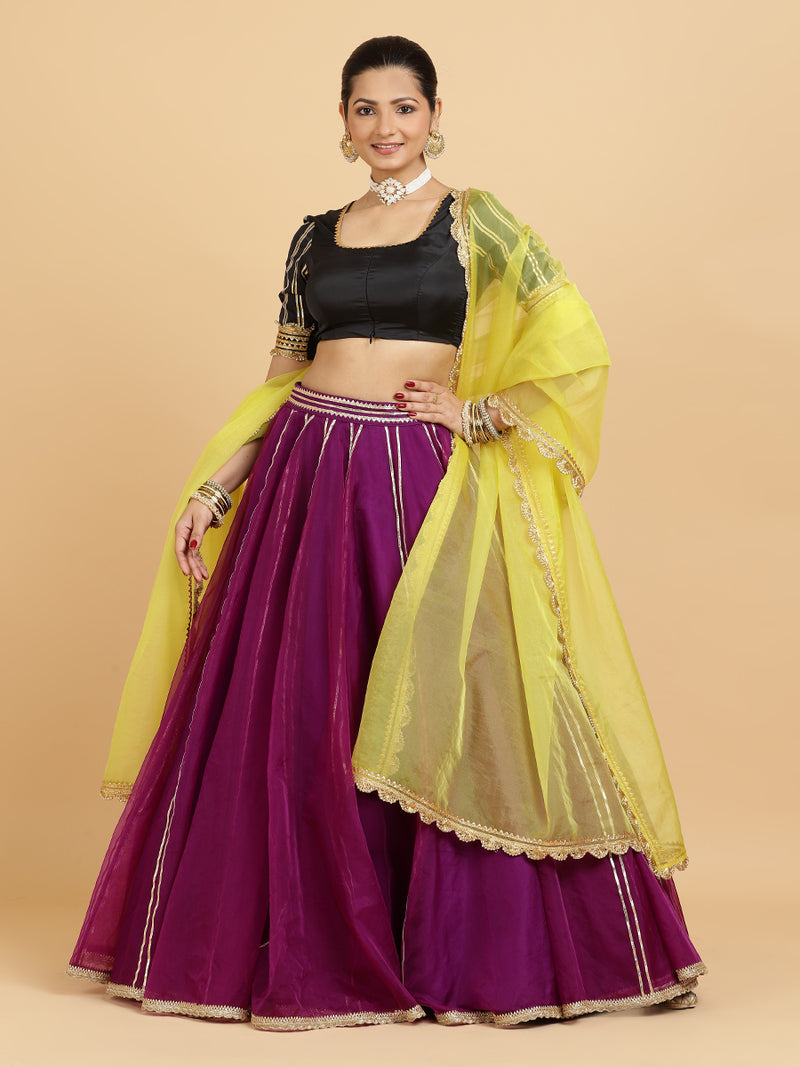 Heer Aziza 4-Pc Lehenga Set x Tyohaar | Purple Lehenga, Charcoal Black Blouse with Saher Lemon Yellow Dupatta and Cancan Skirt-Binks